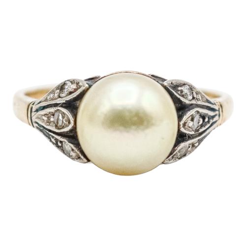SORTIJA CON PERLA Y DIAMANTES, AÑOS 40