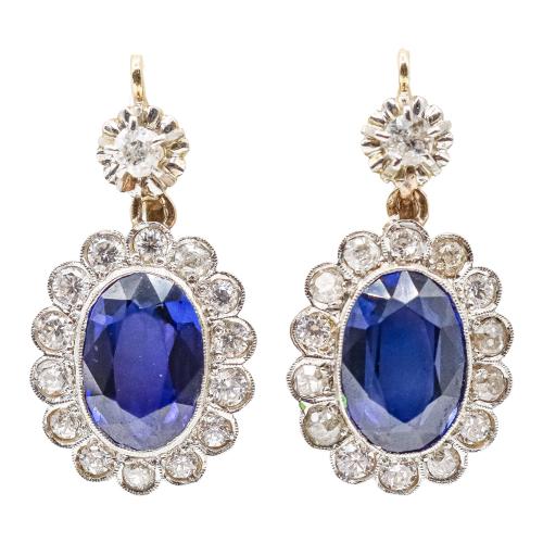 PENDIENTES ROSETONES CON ZAFIROS Y DIAMANTES, DE MED. S.XX 