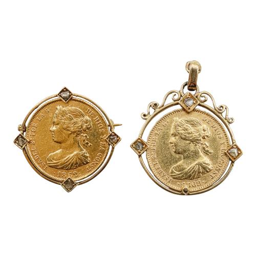 BROCHE Y COLGANTE CON MONEDA, DEL S.XIX