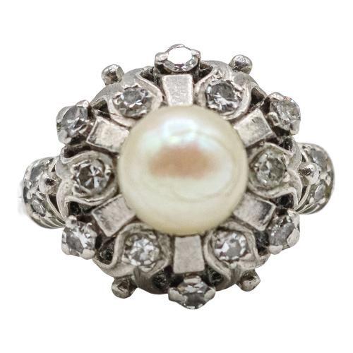 SORTIJA CON PERLA Y DIAMANTES, AÑOS 50